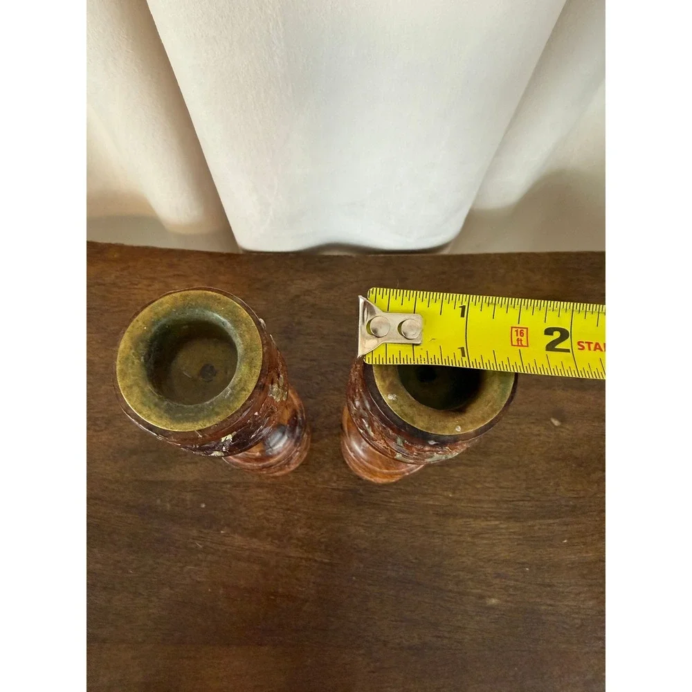 VTG PAIR‎ (2) Hand Carved Teak Wood Candle Holders Brass Inserts 8